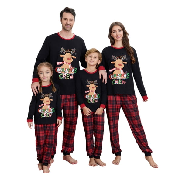 Christmas Matching Pajamas Elk Print Long Sleeve Shirt and Plaid Pants Set Loungewear Soft Sleepwear