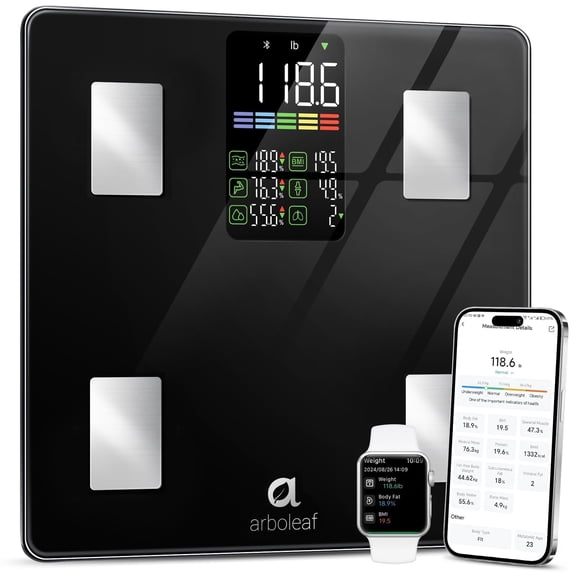 Arboleaf Smart Bathroom Scale, 14 Body Composition Metrics (BMI/Body Fat/Muscle Mass), Large LED Display, App Sync, 500lbs Capacity, 11.8"