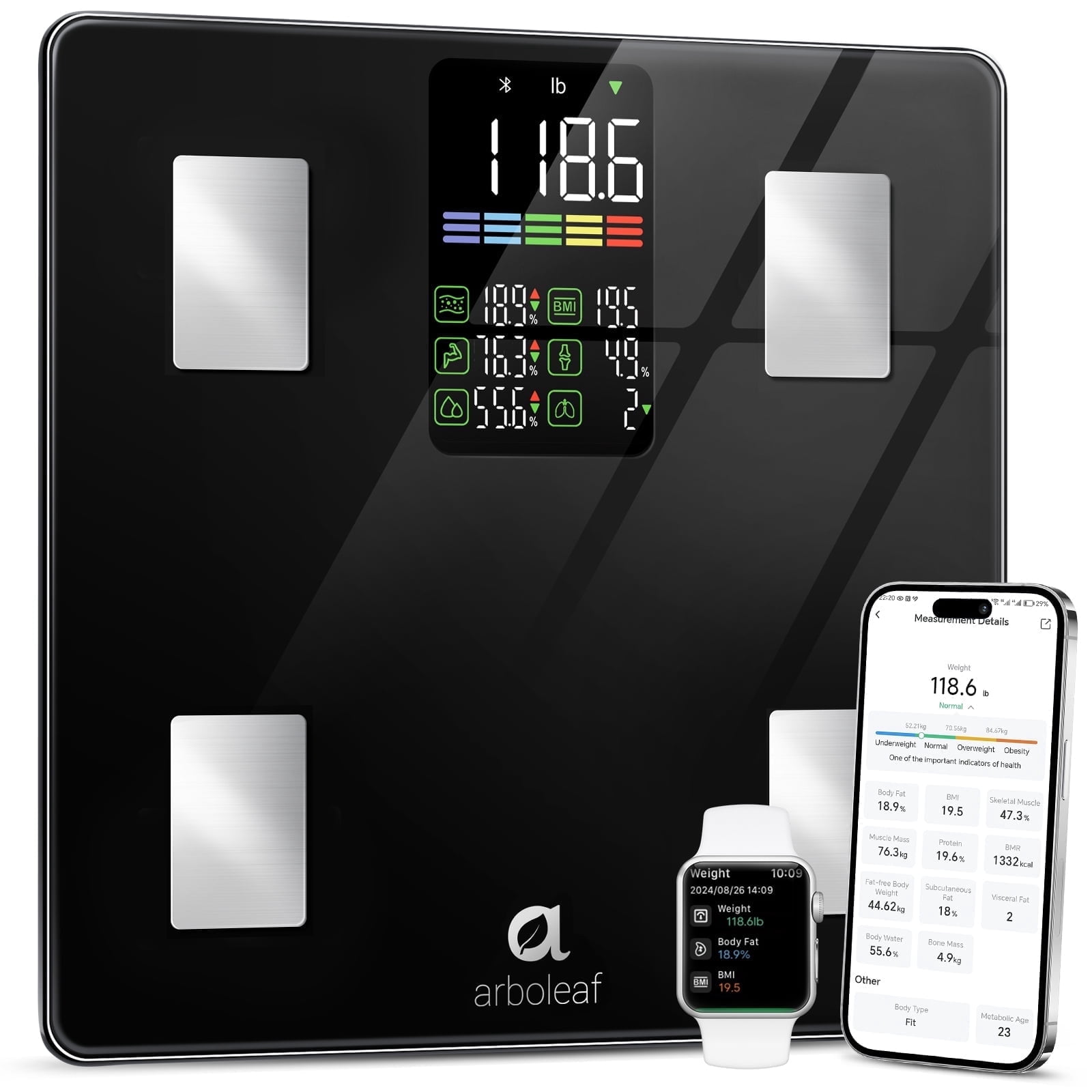 Arboleaf Smart Bathroom Scale, 14 Body Composition Metrics (BMI/Body Fat/Muscle Mass), Large LED Display, App Sync, 500lbs Capacity, 11.8"