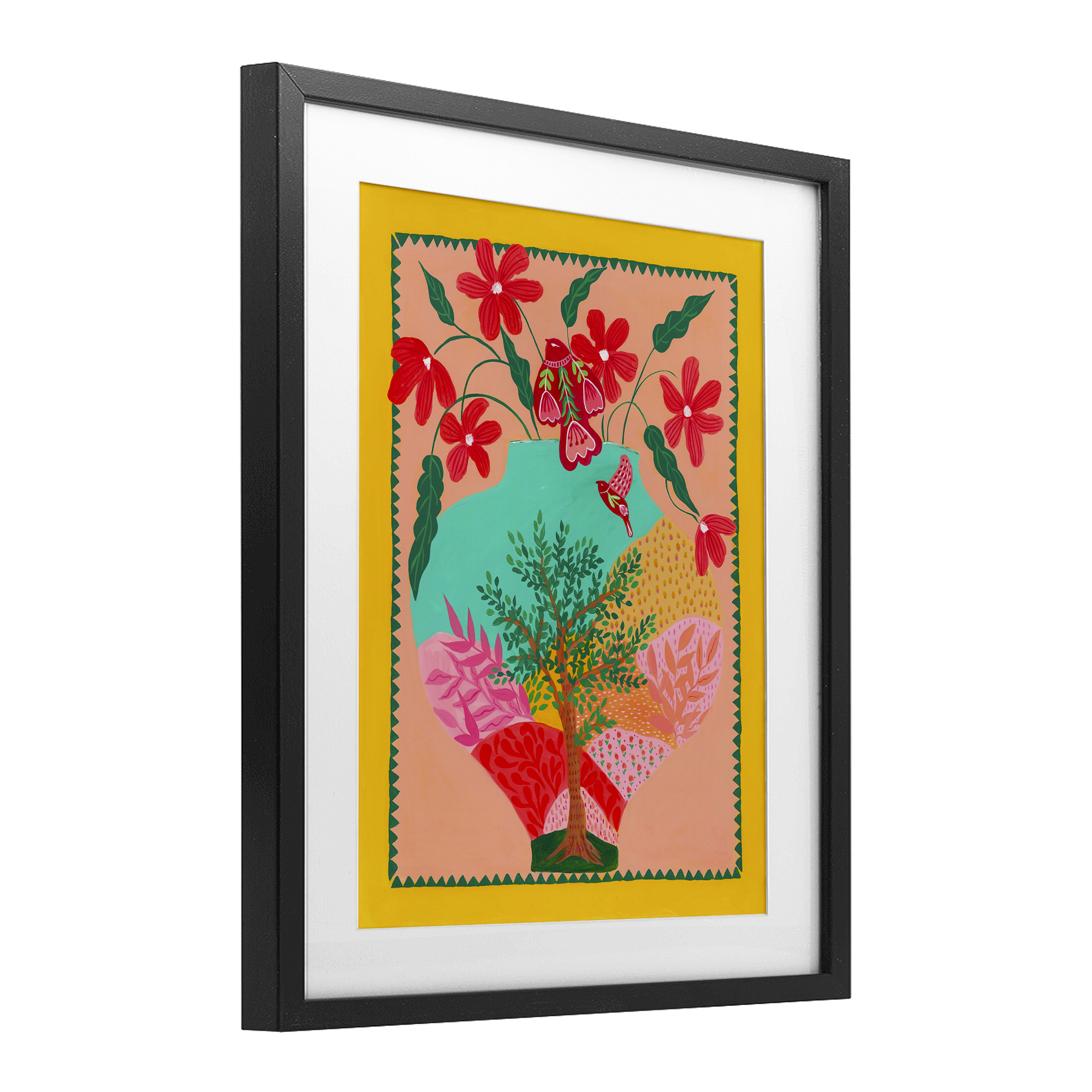 Folk Patterned Hope Vase Black Framed Print Under Glass, design by Nabeela Rumi