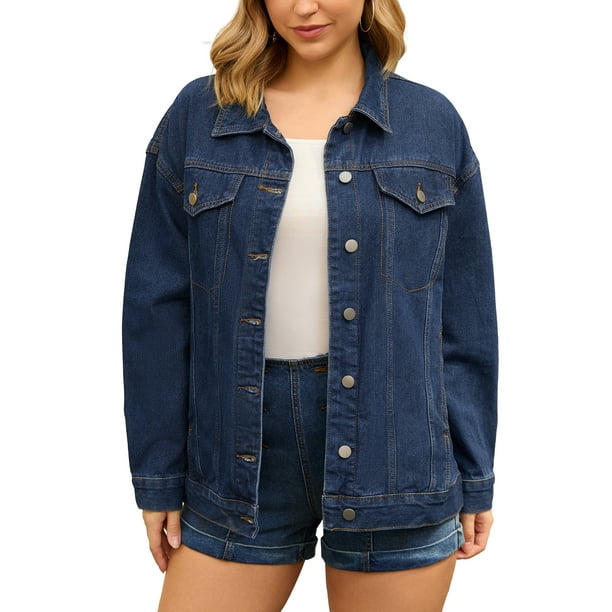Chaqueta de mezclilla de manga larga y botones para mujer INSPIRE CHIC, oversized, con bolsillos, talla L, azul oscuro