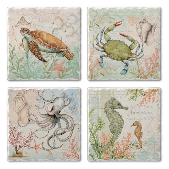 Thirstystone Caribbean Seas 4-Pack Absorbent Tumbled Tile Coasters 4" Square