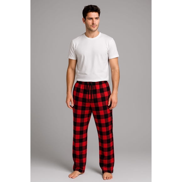 Pijamas de Franela a Cuadros de Algodón, Pantalón Largo Con Bolsillos, Para Hombre Corte Recto