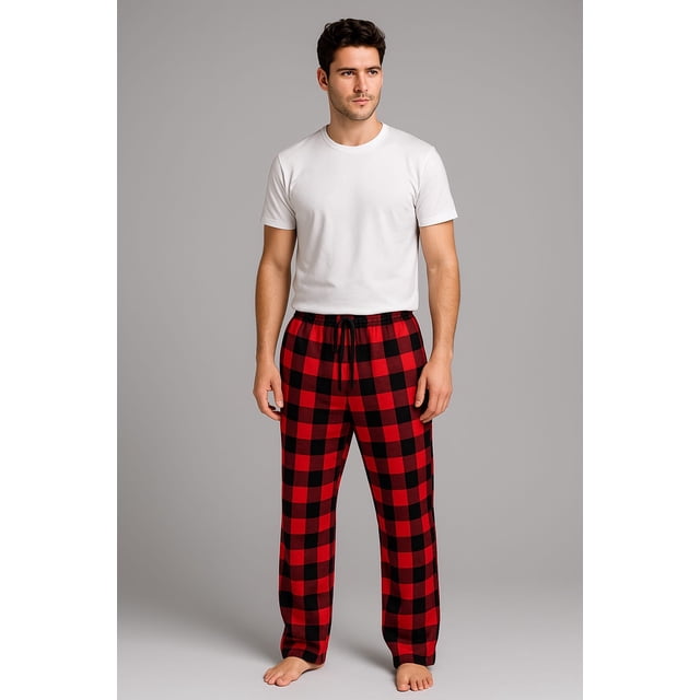 Pijamas de Franela a Cuadros de Algodón, Pantalón Largo Con Bolsillos, Para Hombre Corte Recto