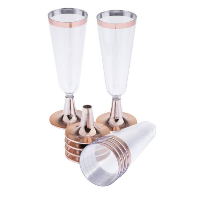 6 copas de champán de plástico, 5.5 oz. Copas desechables para fiestas y bodas, copas de champán de Adorno de oro rosa