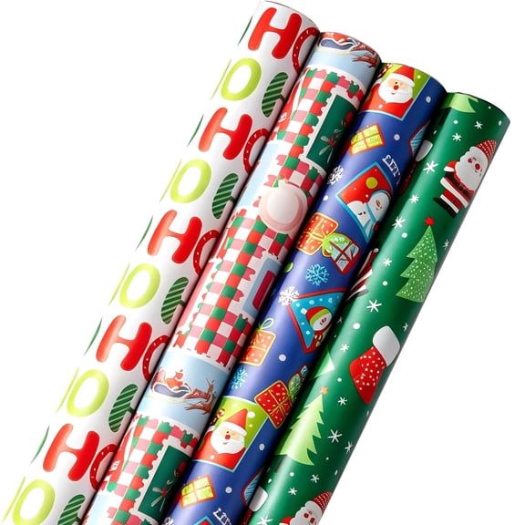 Yousxin Christmas Wrapping Paper 4 Rolls, 17 in x 10 ft Each, Gift Wrap Paper with Santa & Christmas Tree Designs