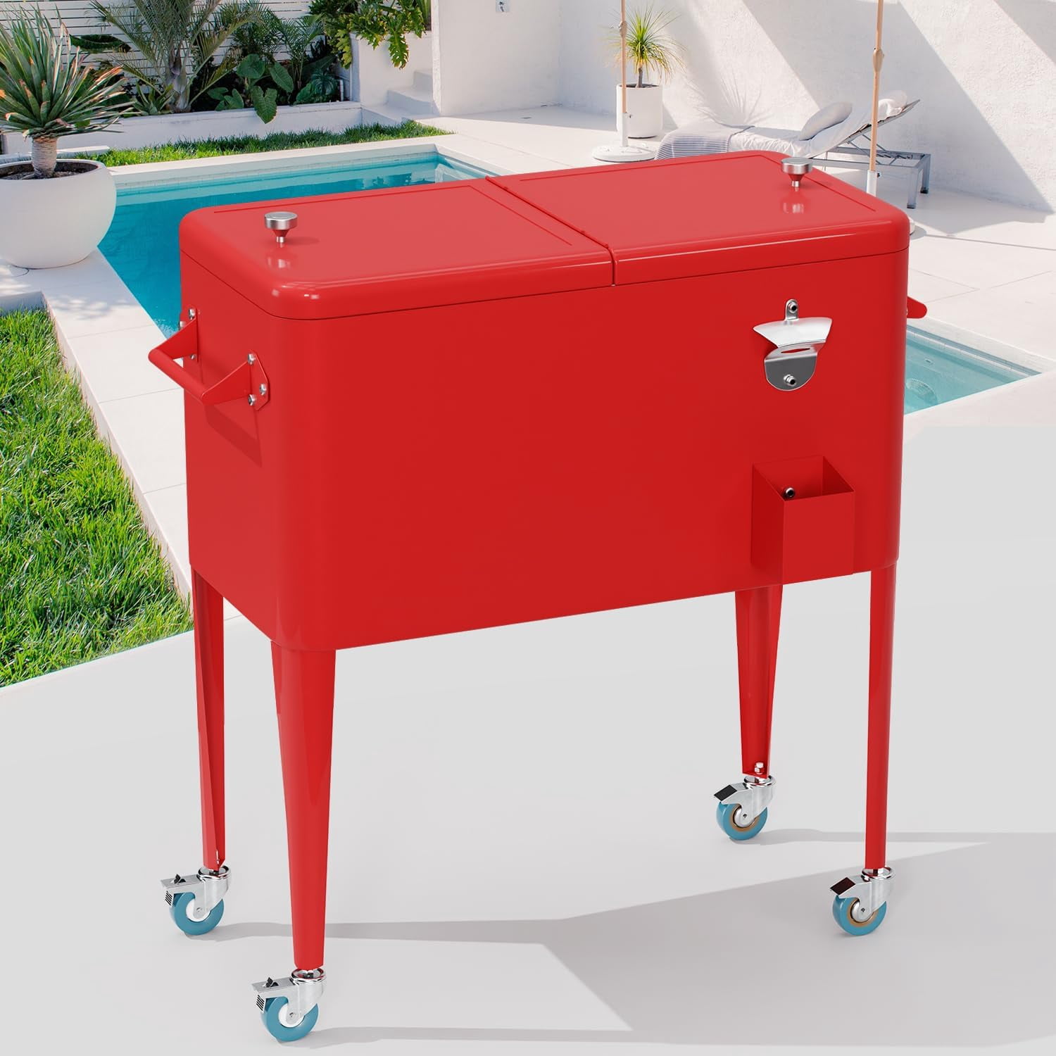 XF XINFENG 80 Quart Rolling Ice Chest on Wheels Outdoor Indoor Bottle Opener&Cap Catcher, Portable Patio Party Bar Drink Cooler Cart with Shelf, Red