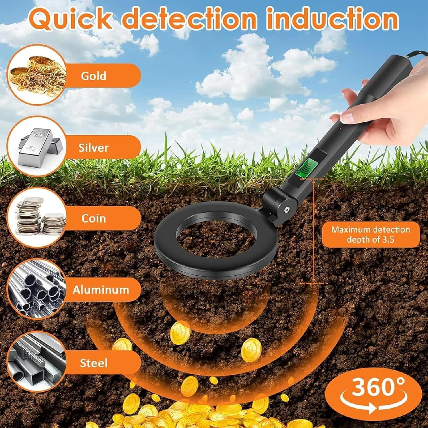 Foldable Handheld Metal Detector, Portable 360° Scanning Metal Tool with LCD Display and 3 Adjustable Modes High Sensitivity Lightweight Metal Detector, for Finding Gold and Sliver Rings