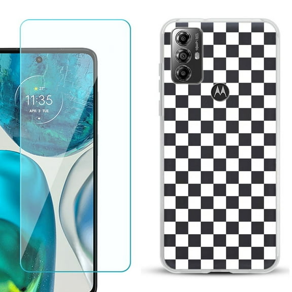 OneToughShield ® for Motorola Moto G Play 2023 Shockproof Fashion Phone Case, with Tempered Glass Screen Protector - Checker B/W