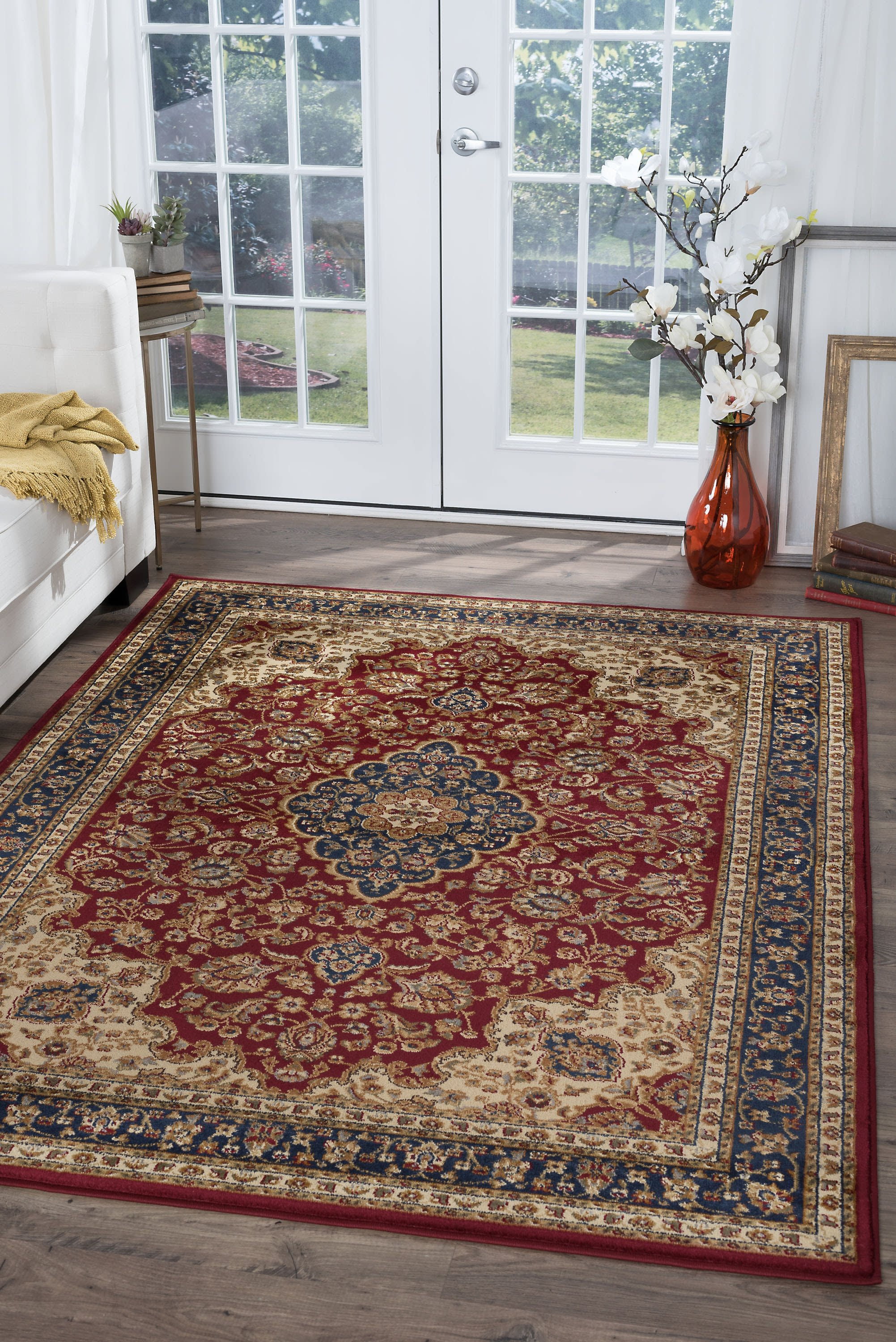 Transitional 5x8 Area Rug (5'3'' x 7'3'') Border Red, Beige Living Room