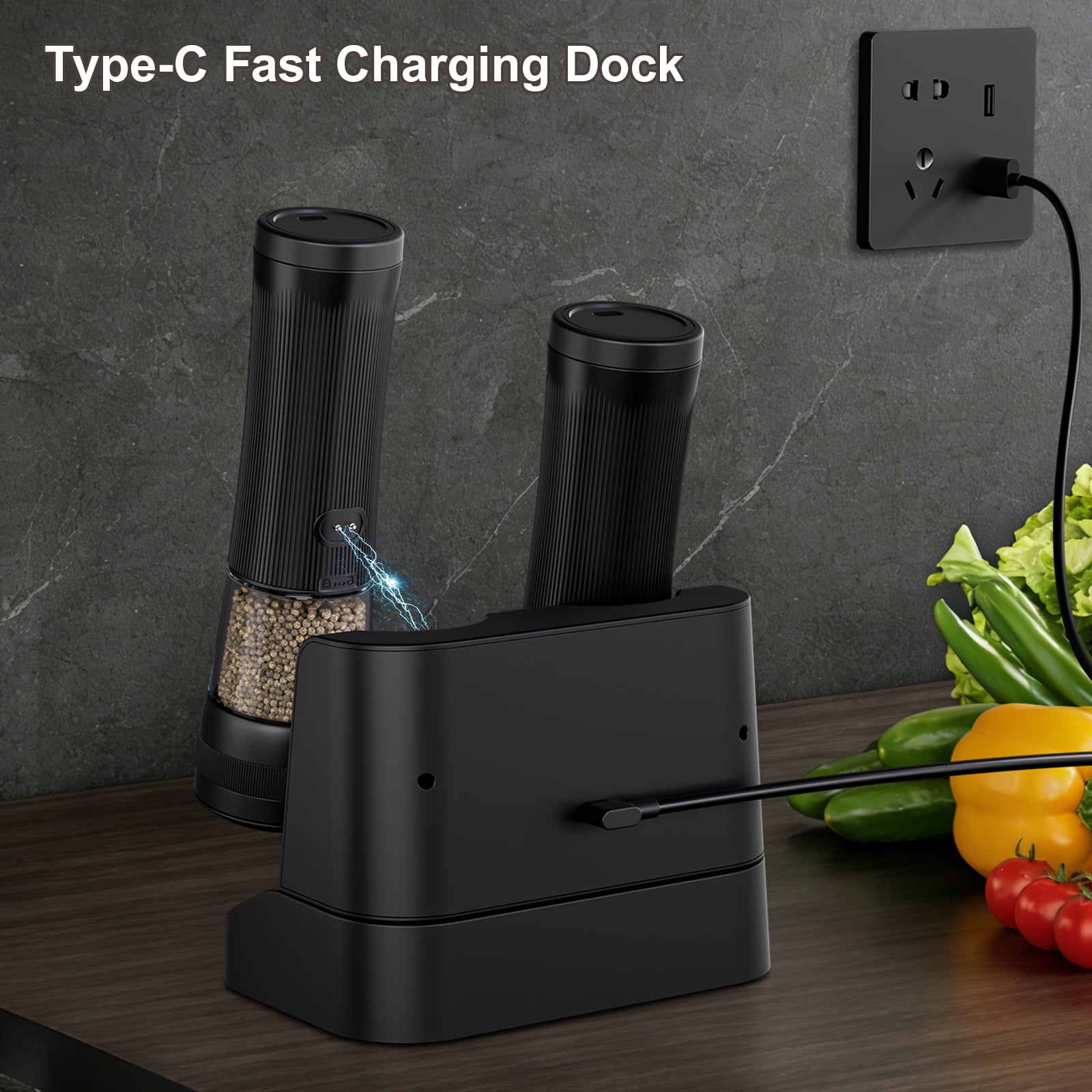 BSgifts Electric Salt and Pepper Grinder Set – Rechargeable Mills with 2-Speed, 5 External Coarseness Settings, LED Display, USB-C Charging Base for Kitchen, Dining & Camping