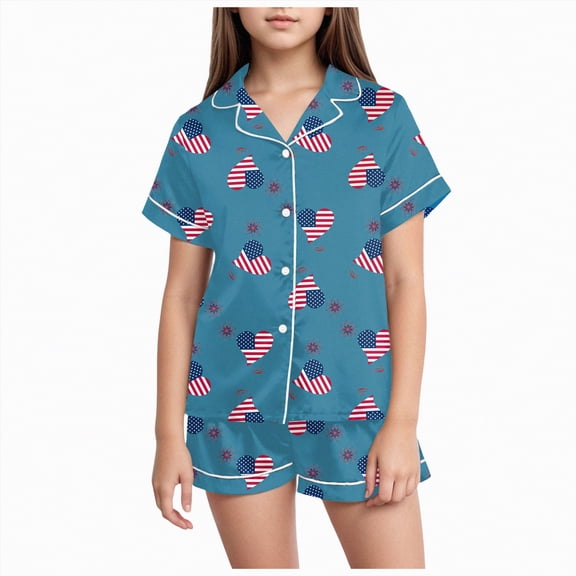 Rotm Independece Outfit Set Girls Outfit Set, Soft Satin Lightweight Silk Button-Down Top with Shorts 3 Piece PJS Blue,10-11 Years