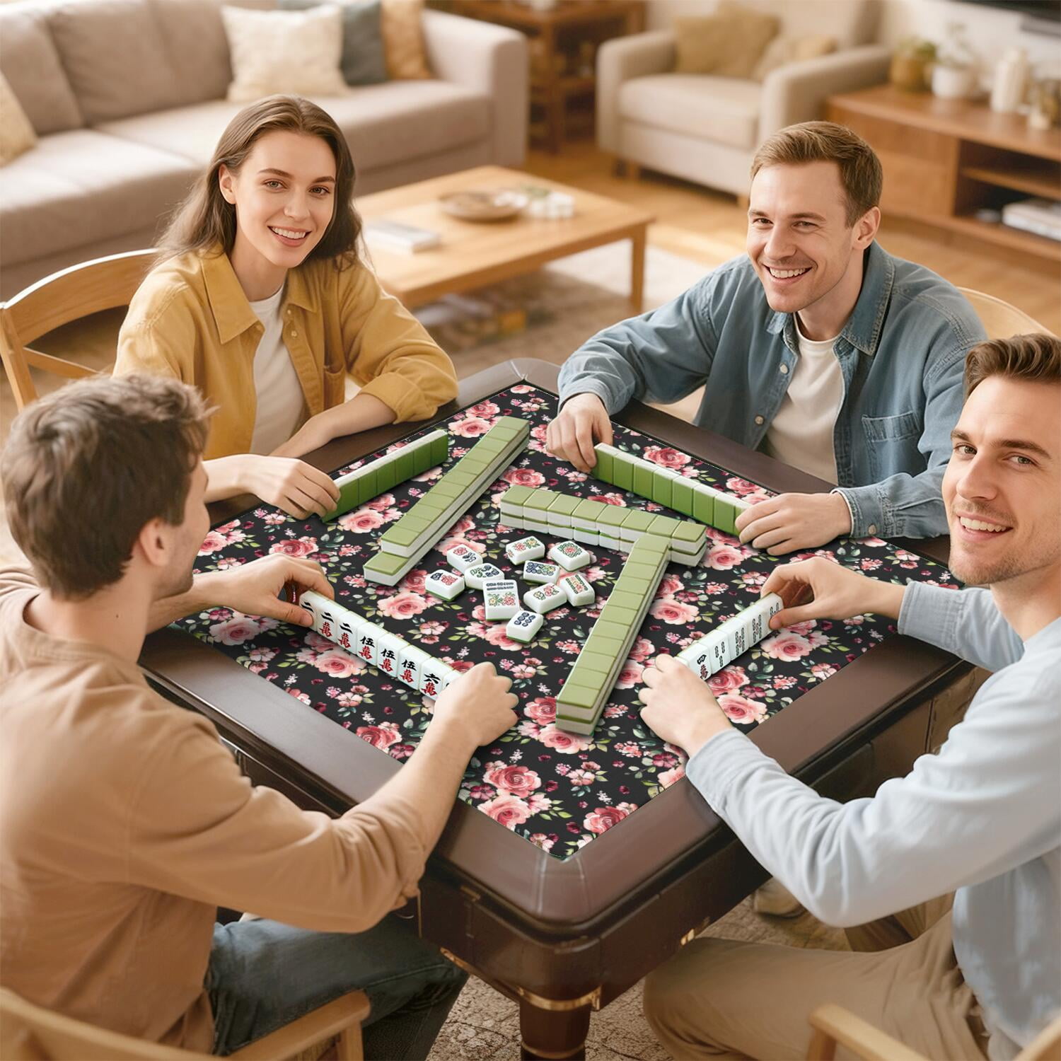 Floral Design Rubber Game Cover 31.5x31.5 Inches for Tables Its Primary Use is as a Mahjong Mat with Multi-Game Functionality
