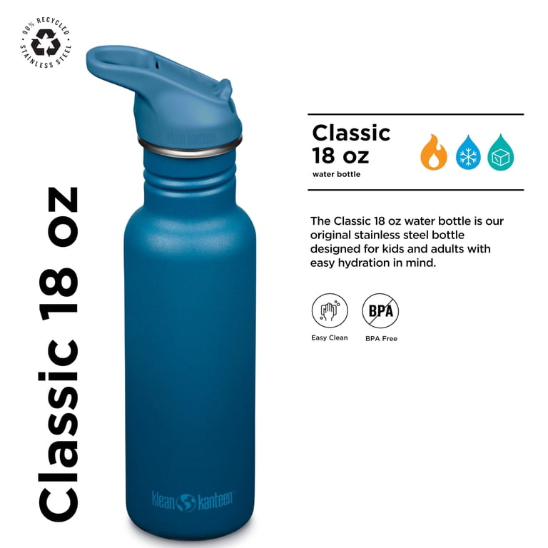 Klean Kanteen, Water Bottle, 18 oz Classic, Leakproof Sport Cap