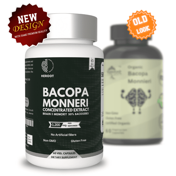 Heroot Organic Bacopa Monnieri 400mg Capsules for Brain Memory Focus, Memory Booster, Antioxidant Anxiety and Stress Relief Pack of 60 Capsules