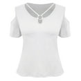 thumbnail image 5 of XIAONU Womens Blouses Cross Front V Neck Off Shoulder Short Sleeve Shirt Solid Color baggy Trendy Pullover Shirt, 5 of 6