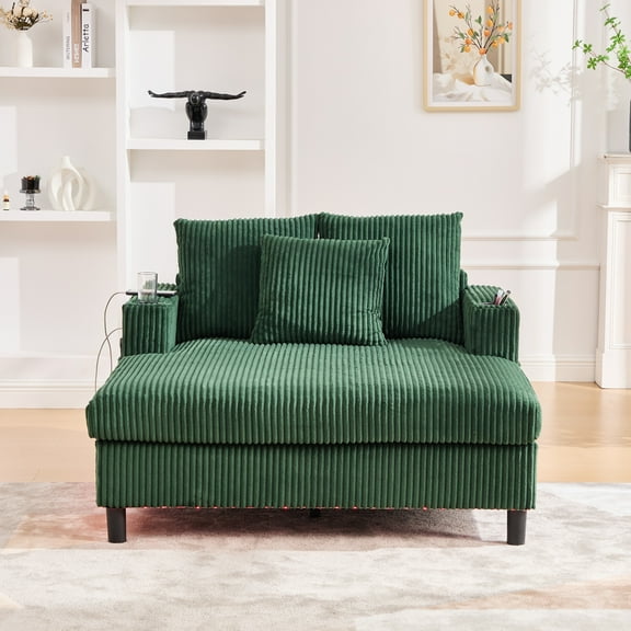 Noble House Oversized Corduroy Recliner Sofa, Deep Seat Chaise Lounge with Pillows for Living Room/Bedroom, Emerald