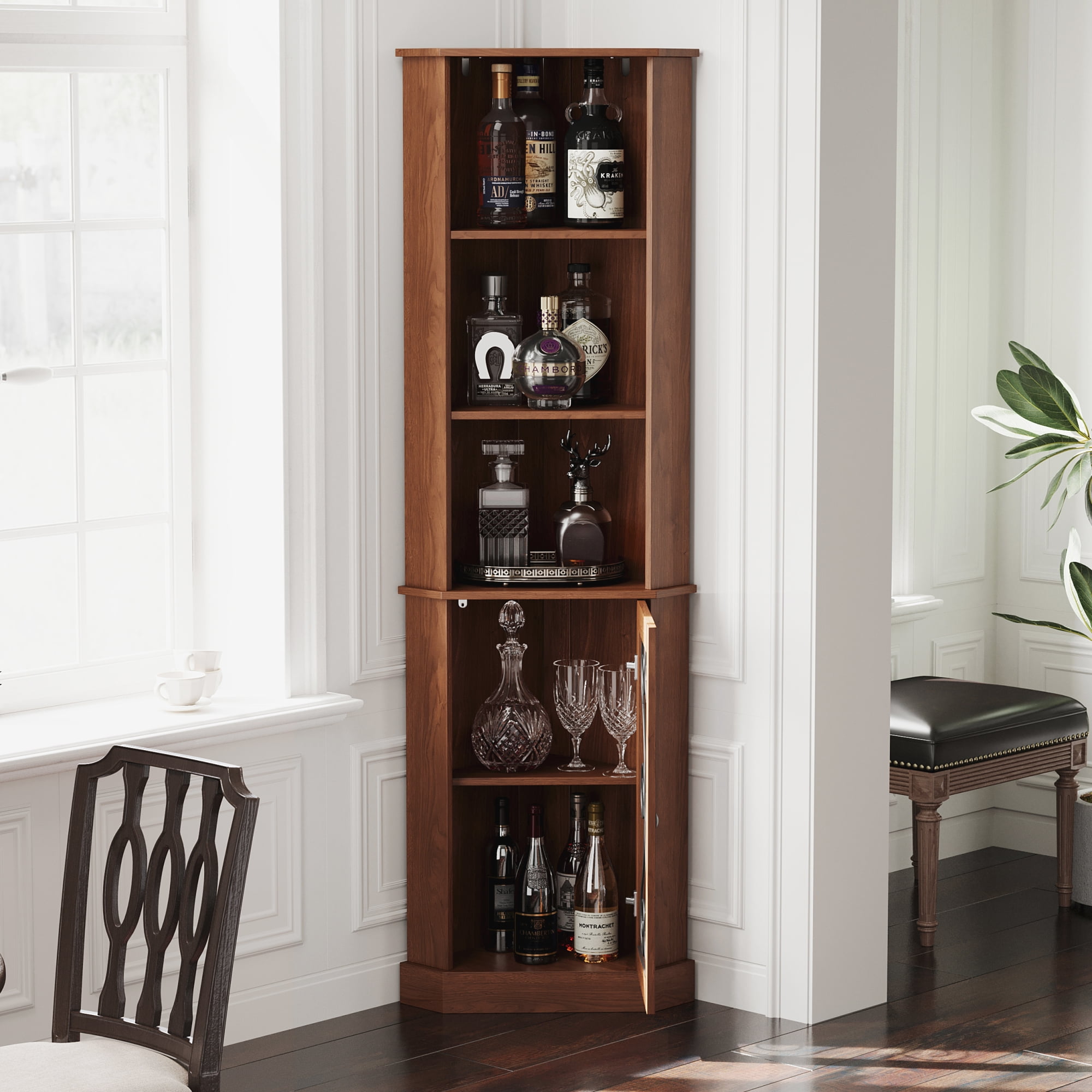 Leumius Tall Corner Bar Cabinet, Narrow Wood Liquor Cabinet with Open Shelves and Metal Mesh Door, Freestanding Corner Wine Storage Cabinet for Living Room, Dining Room Home Decor