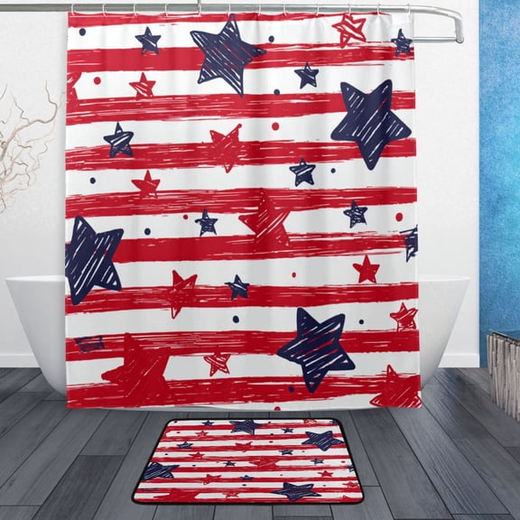 TTYFWHD 60" x 72" Shower Curtain and Bath Mat Set Doodle Star Stripe Seamless Waterproof Bathroom Curtain with 12 Hooks, Bathroom Decor Set