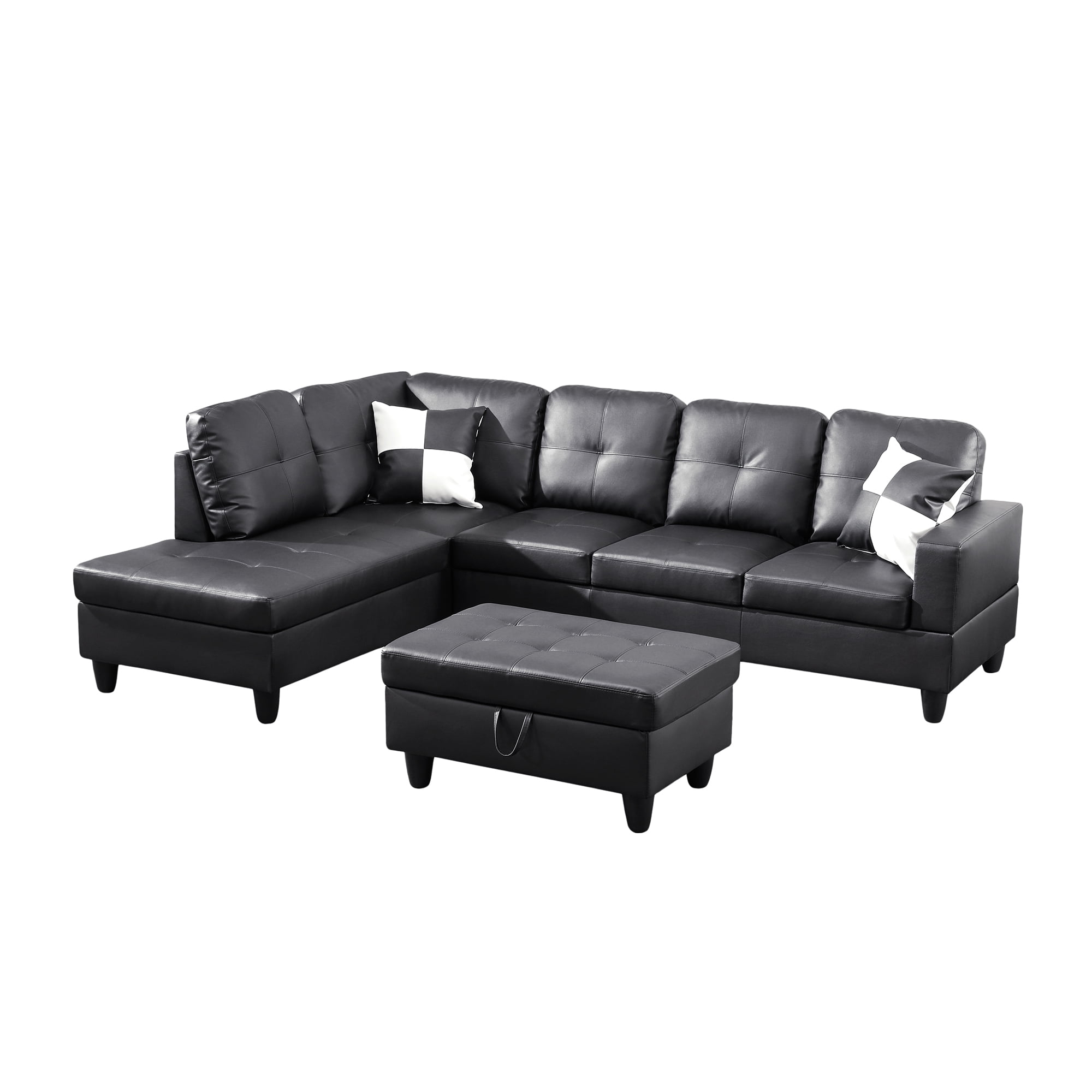 Homeora 3-Piece Piece Couch Living Room,Faux Leather Sofa Set,Faux Leather Sofa Set,L-Shaped Sectional Sofa,Right Facing Chaise Couch Living Room,Black