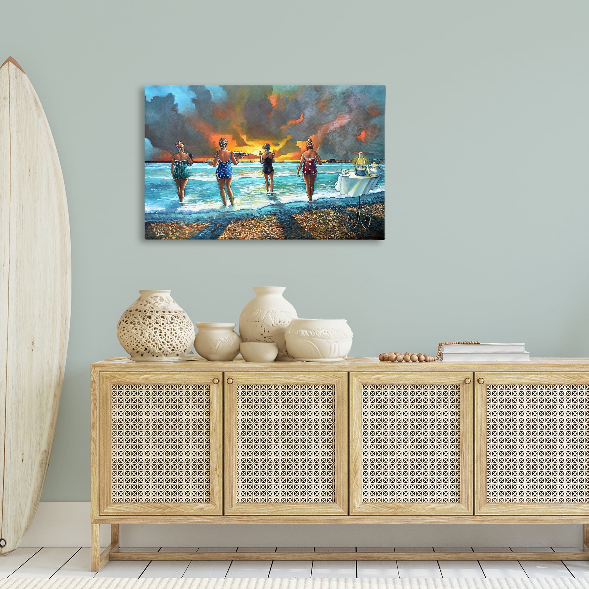 Stupell Industries Elegant Ladies on Beach Novelty Painting Gallery Wrapped Canvas Art Print Wall Art, 36 x 24