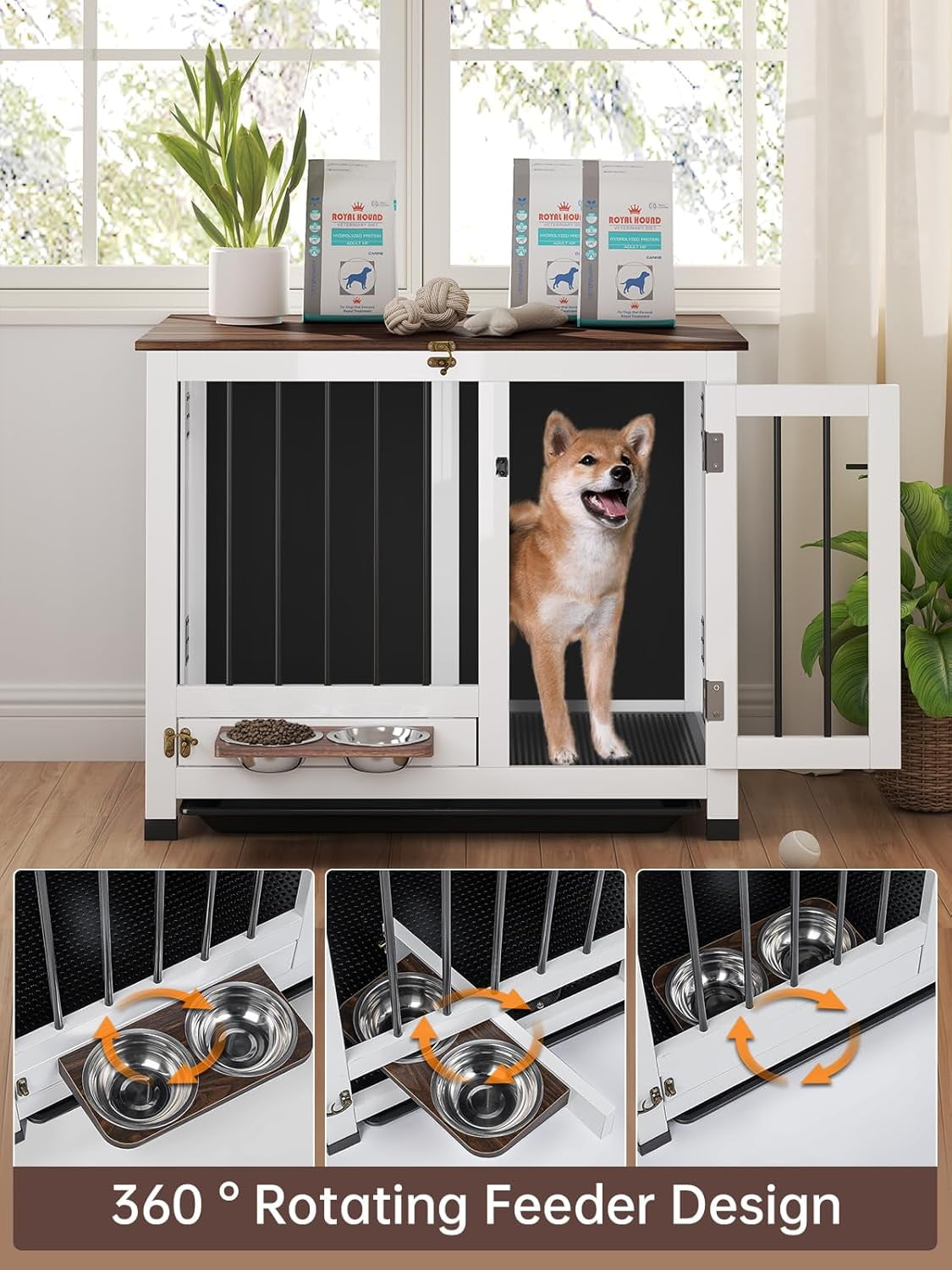 Dog Crate Furniture, 31.5'' Dog Kennel Indoor Foldable and Portable, Sturdy Wooden Dog Crate End Table Easy Assembly with 360° Rotating Feeder and Detachable Tray for Small Dogs,Medium Dogs
