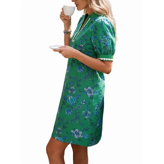 Summer Dresses for Women Boho Floral Puff Short Sleeve V Neck Trim Casual Mini Dress Sundress Deep Green S