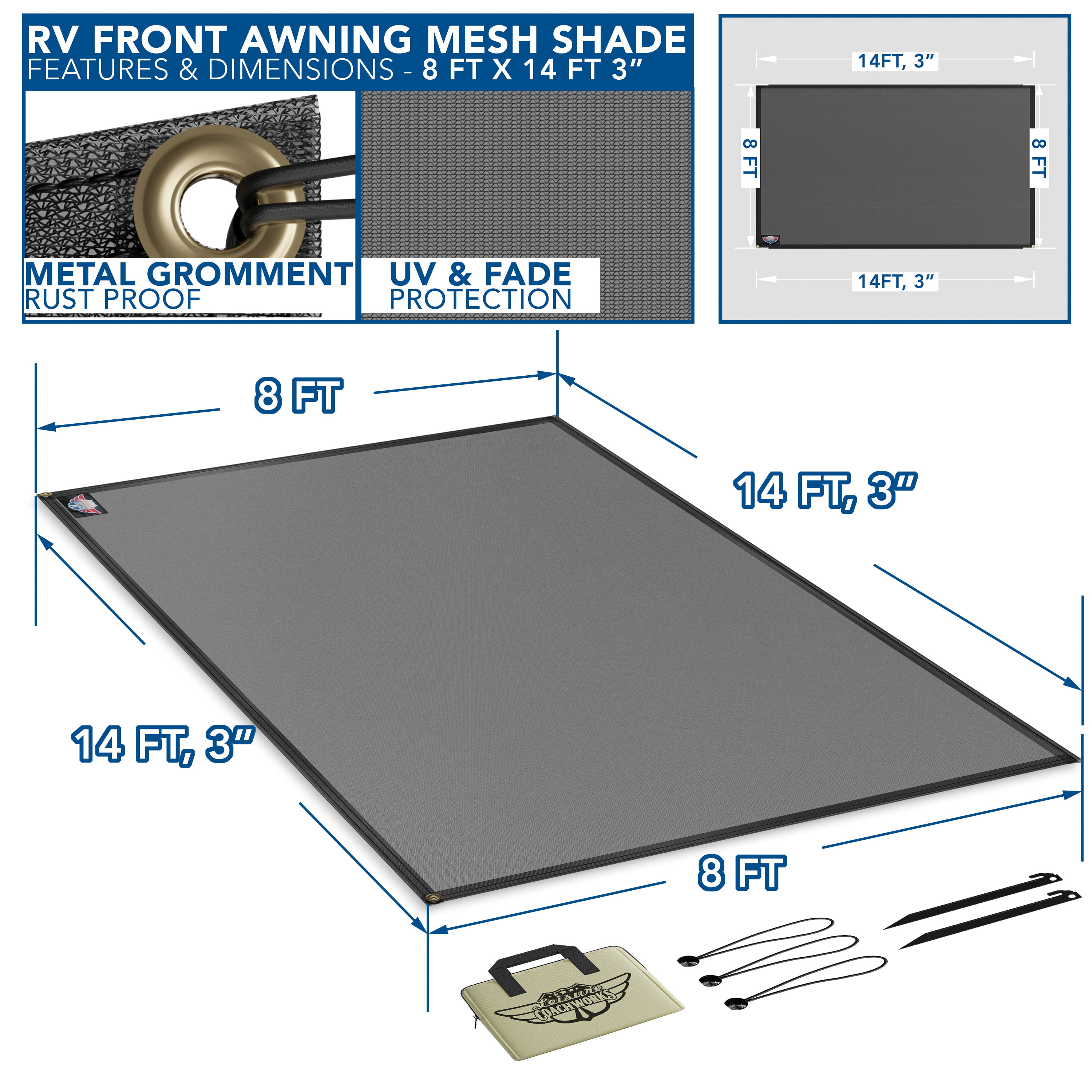 Leisure Coachworks RV Awning Sun Shade Screen 8' X 14' 3'' - Black Mesh  Sunshade UV Blocker Complete Kits Motorhome Camping Trailer Canopy Shelter ( 8' X 14' 3'' -Actual Measurement) - Walmart.com