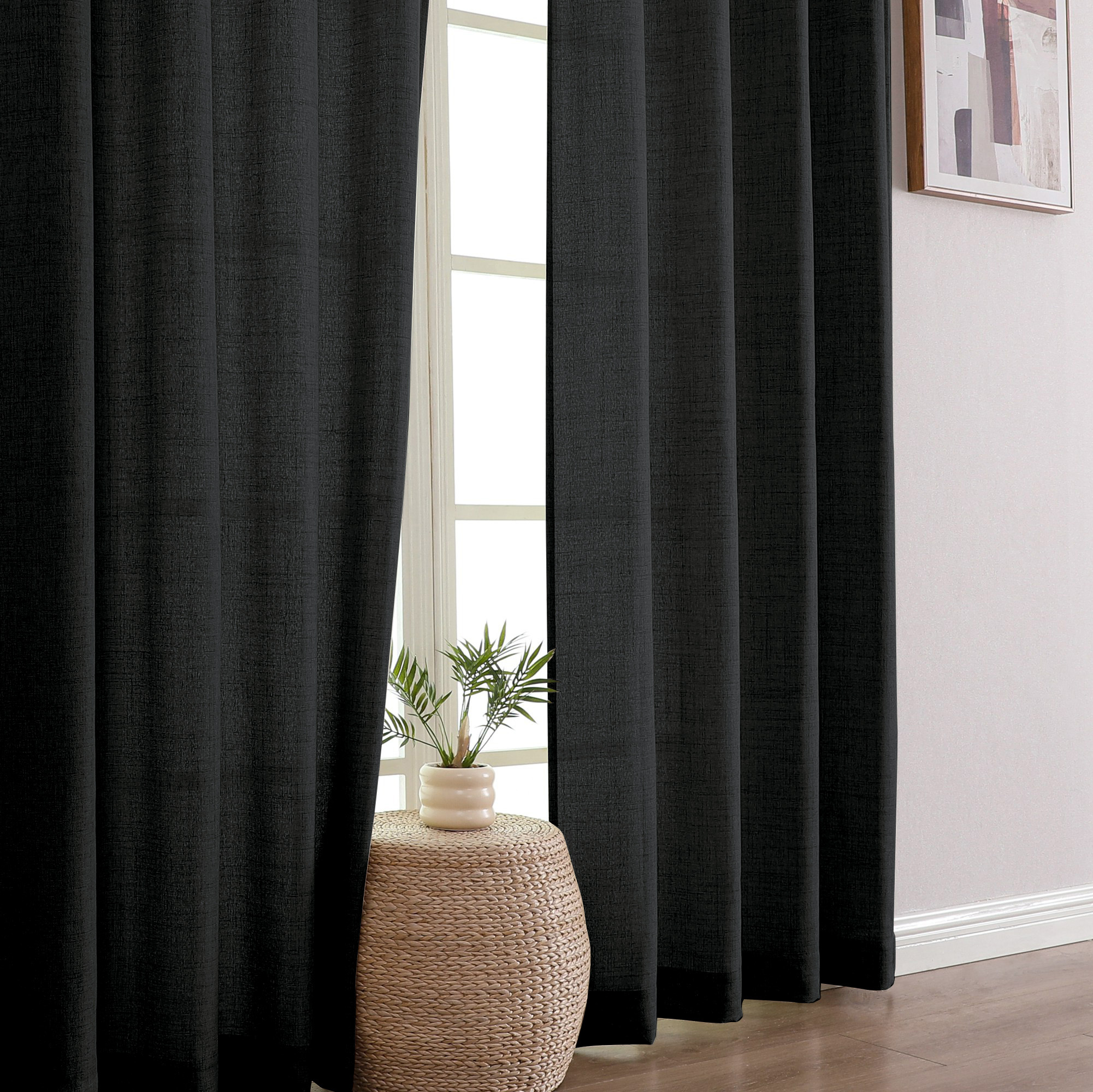 OVZME Judy Black Curtains 84 Inches Long 2 Panels, Light Filtering Faux Linen Textured Window Curtains for Living Room, Soft Airy Farmhouse Bedroom Curtain, Each 42Wx84L, Black