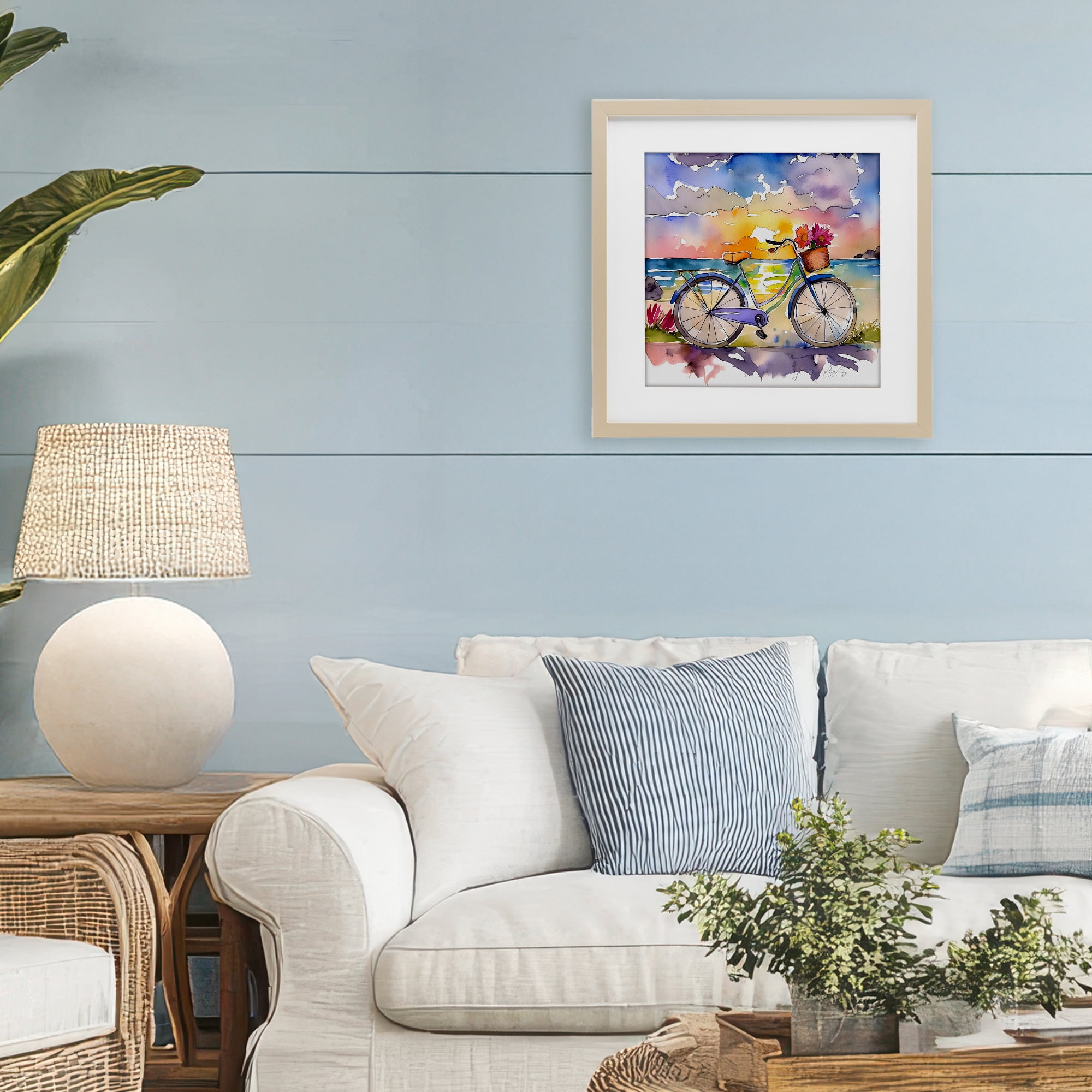 Stupell Industries Bicycle By The Seaside Birch Framed Print Under Glass, design by Shelly Craig