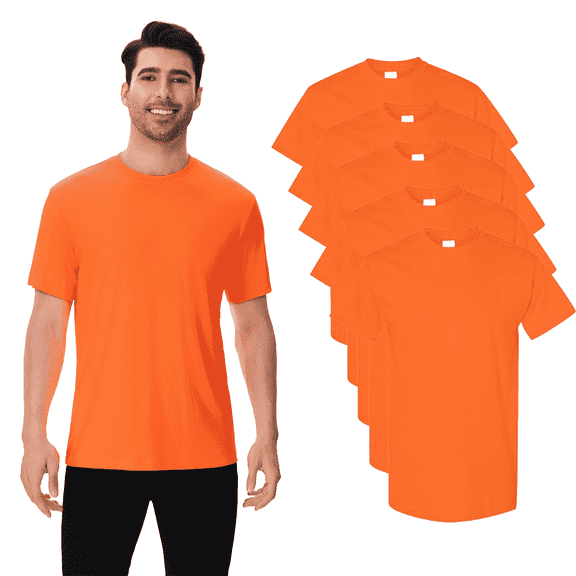 High Visibility Safety T-Shirt for Men, Hi Vis Construction Crewneck Short Sleeve Work Tee 100% Polyester Safety Neon Orange, Pack 5, S