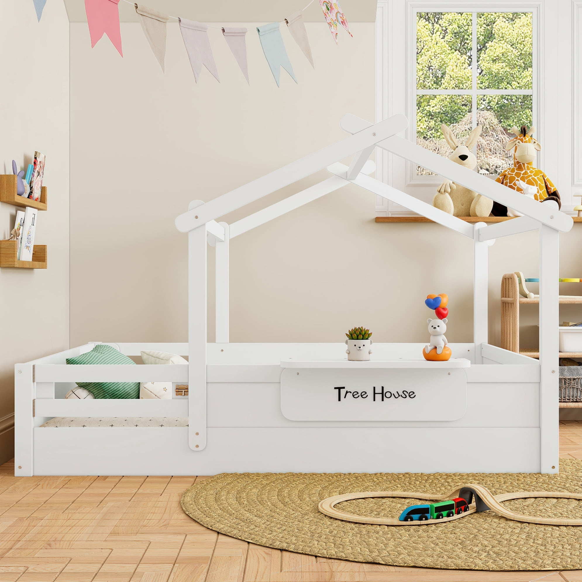 Full House Bed for Kids, Wooden Montessori Floor Bed with Door and Fence, Playhouse Roof Toddler Floor Bed with Built-in Tray for Boys & Girls, White