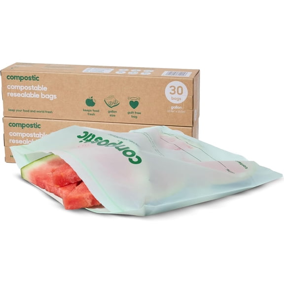 Compostic Compostable Gallon Food Storage Bags, Resealable Zip, Plant-Based, Freezer Safe, 60 Count