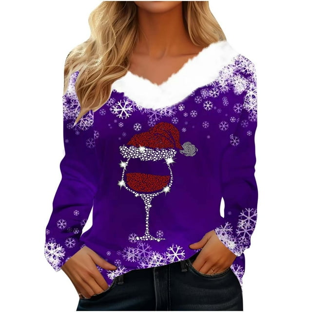Birdeem T-Shirt de Noël en Peluche Imprimé pour Femmes Col en V Patchwork Manches Longues Ajusté