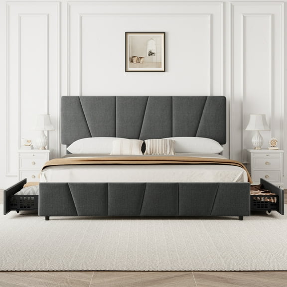 Full/Queen/King Size Bed Frame with 4 Storage Drawers and Headboard, Upholstered Platform Bed Frame with Wooden Slats Support, No Box Spring Needed, Easy to Assemble, Noise Free, Dark Grey
