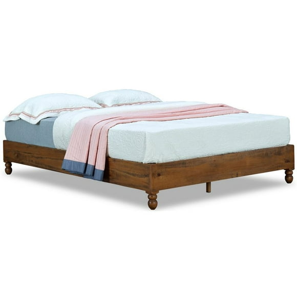 BIKAHOM 12"H Solid Wood Full Bed Frame with Turning Legs in Rustic Teak