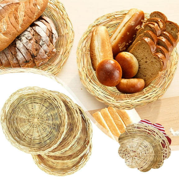 Clearance Tray Decoration under $5,4 PC Handwoven Flat Wicker Round Fruit Basket Woven Storage Weaved Shallow Tray Holder Bowl Decorative Rack Display For Fruit Serving Stand Decor
