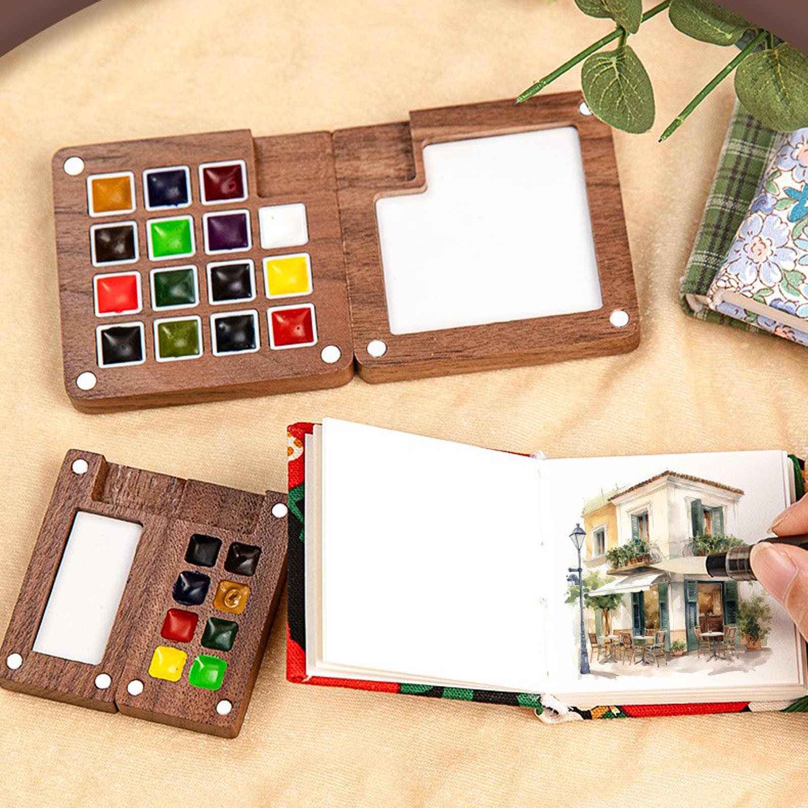 Mini Watercolor Travel Portable Pocket Artist Watercolor With Picture Book Wooden For Painters Artists And Students (15 Grids With 24 Color Paints) (5mlX24)