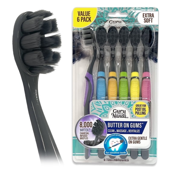 GuruNanda Butter on Gums Charcoal Toothbrush - Extra Soft Bristles - 6 Pack