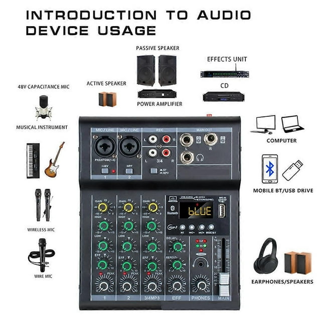Professional Digital DJ Mixer Console 4 Channel Audio Mixer with USB Port Supports Bluetooth Connect