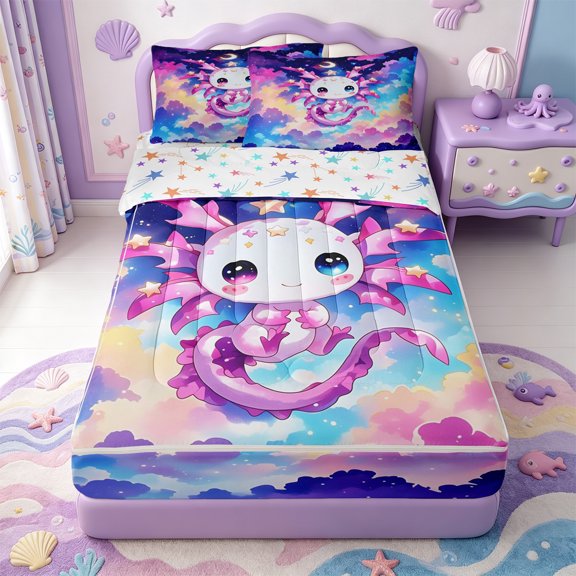 Manfei 3D Print Amphibian Axolotl Zipper Twin Comforter Sets with Fitted Sheet and 2 Pillowcases,Cute Salamander Pattern Zipper Bedding Set,Colorful Stars Reversible,4 Pieces