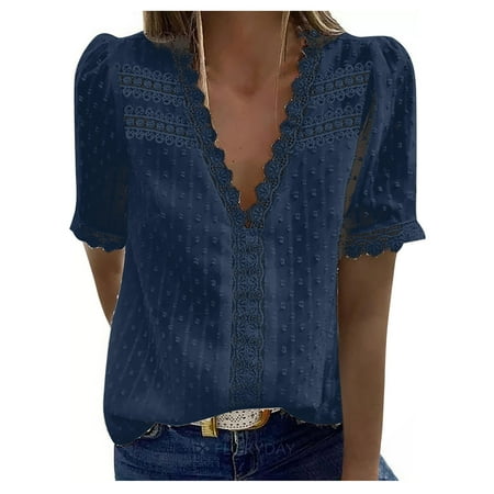 bnaln Womens Summer Tops Lace V-Neck Short Sleeve Shirts Casual Chiffon Blouses Dressy T Shirts Elegant Tunic Tops Loose Flowy Babydoll Blouse