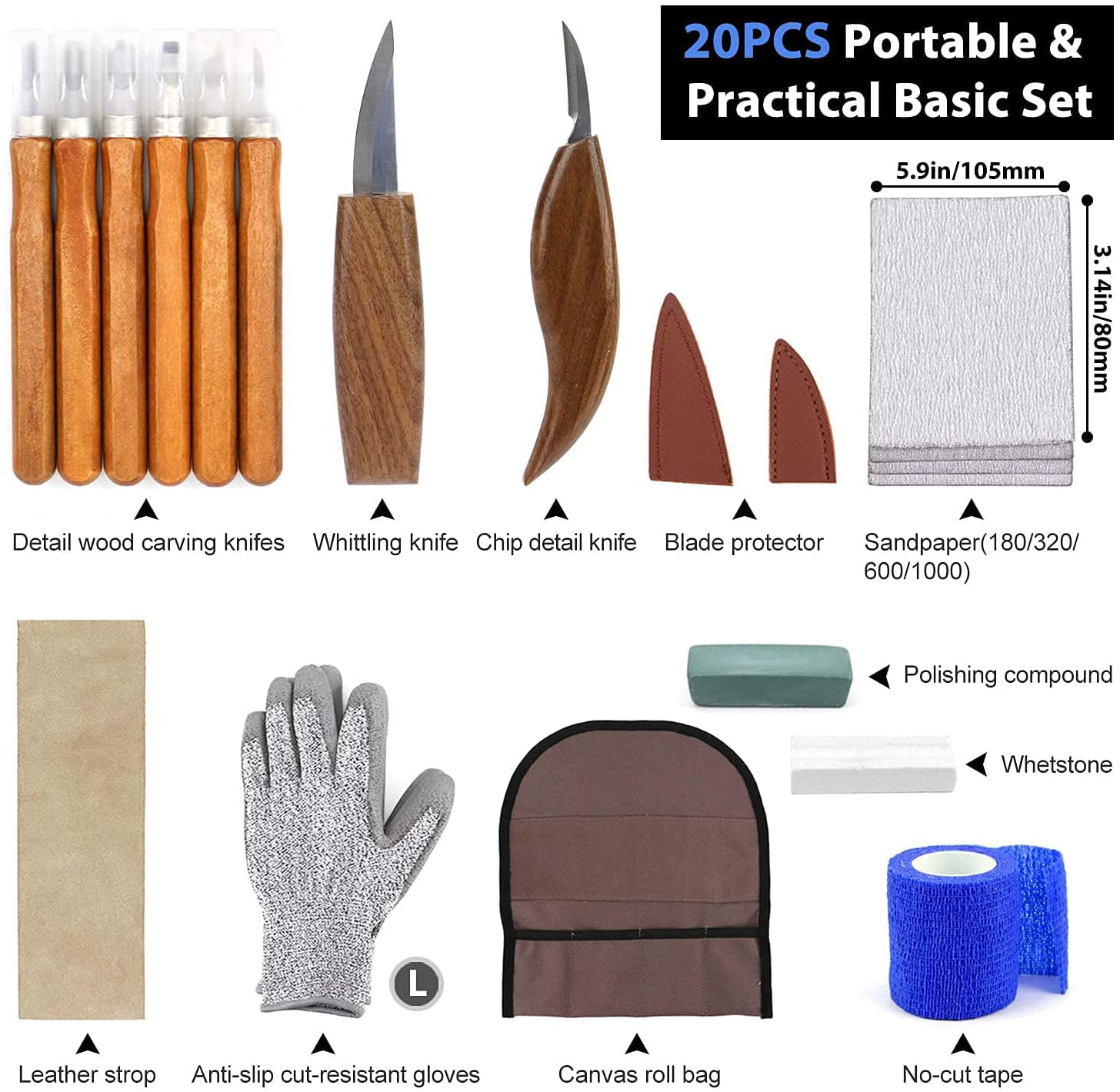 15pcs Woodworking Tools Set, Carving Tools Kit with Storage Bag & Gloves, DIY Whittling Kit, Craving Knife for Beginners & Professionals (15 in 1)