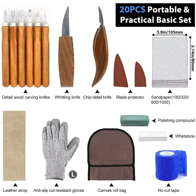 POLIWELL Wood Carving Kit 22pcs Wood Carving Tools Hand Carving Knife Set with Anti-Slip Cut-Resistant Gloves, Needle File Wood Spoon Carving Kit for