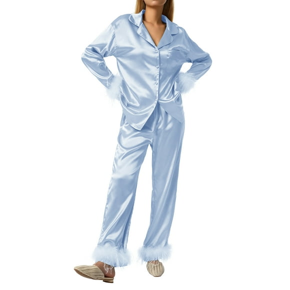 Women Satin Silk Pajamas Set Long Sleeve Nightwear Feather Trim Button Down Sleepwear Silk 2 Piece Pjs