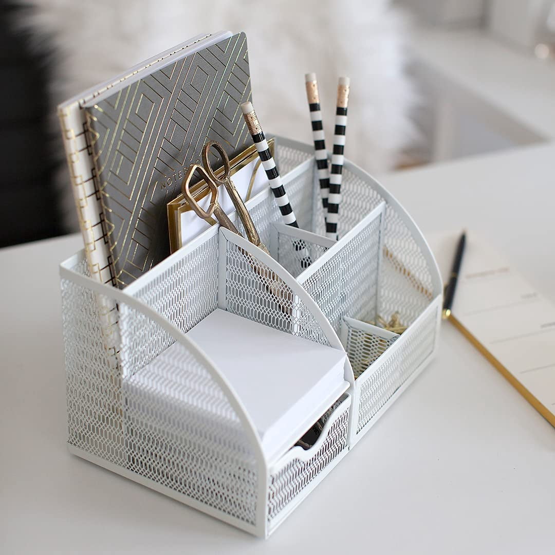 Blu Monaco Monte Unique Metal White Desk Organizer with Drawer