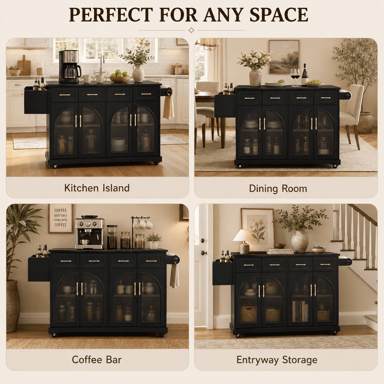 Homy Casa 65.2" Kitchen Island with Storage, Drop Leaf, Power Outlet and Arched Glass Doors, Black