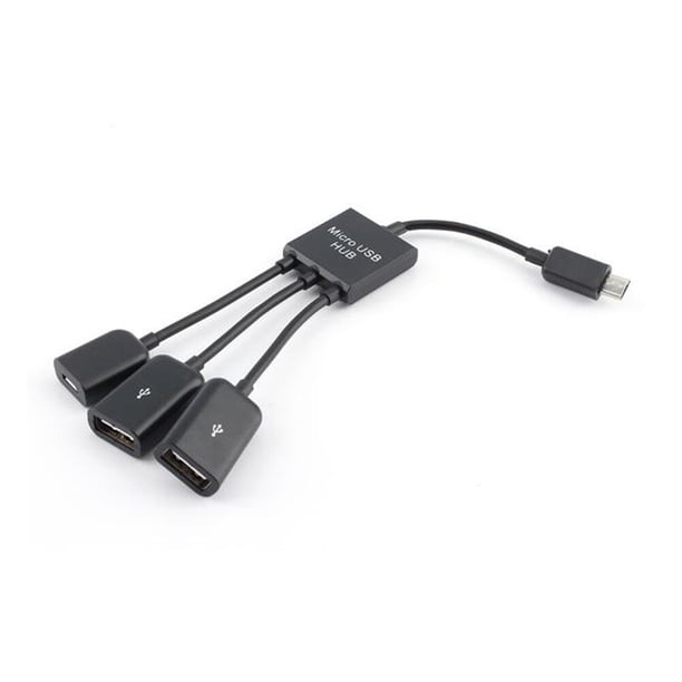 HUB Micro USB 3 en 1 Macho a Hembra Doble USB 2.0 Host OTG Cable Adaptador (Negro)