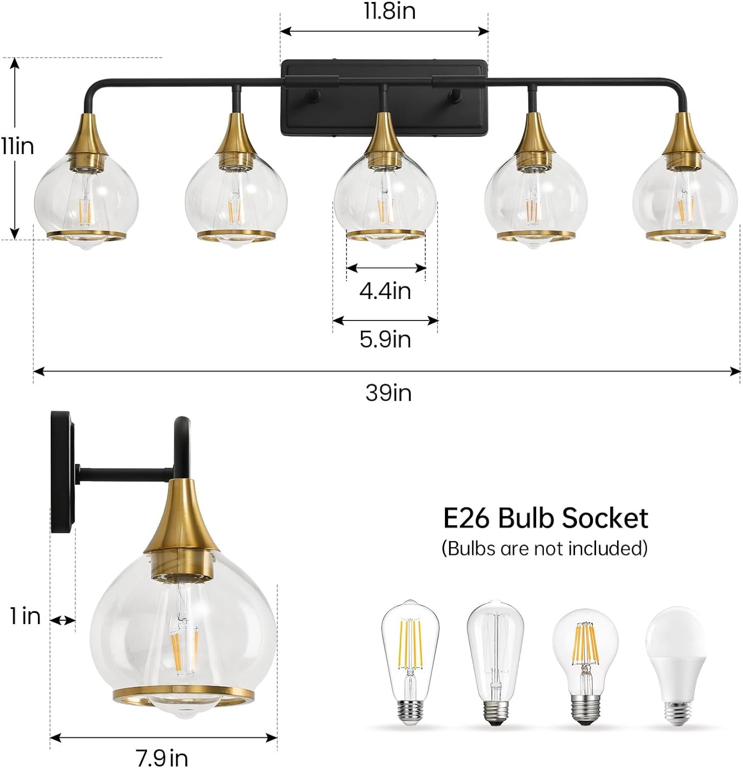 5-Lights Bathroom Light Fixtures Black and Gold Bathroom Vanity Light Over Mirror with Clear Glass Shade Wall Sconce Lighting