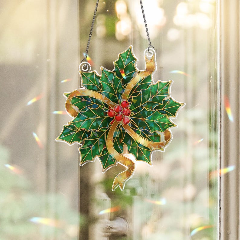 ViciArt Holographic Holly Leaves Acrylic Suncatcher – Christmas Window Hanging, Holiday Decor Ornament